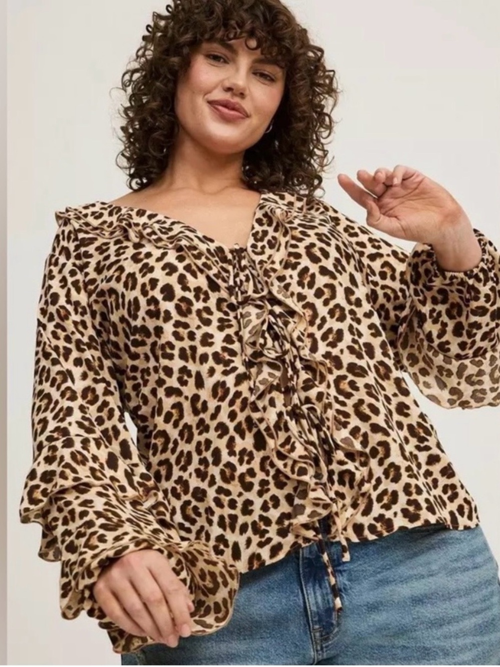 Leopard Ruffle Tie-Front Blouse - Beige/Brown